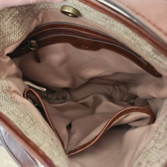 Lucky Brand Purse Tan Brown Natural Linen Faux Leather Bucket Hobo Crossbody Bag - Picture 12 of 13